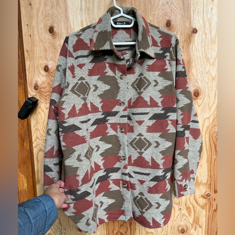 Blue 84 Women's Aztec Button-Up Shacket in Rust and Olive